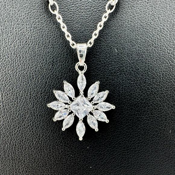 Cubic Zirconia Princess Marquise Flower Prong Set Silver Tone 18" Necklace - Picture 5 of 8